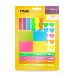 Kit Escolar Neon Pimaco Bloco Adesivo + Marca-Páginas + Marca-Texto + Etiquetas Coração