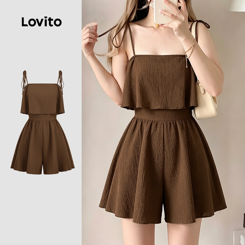 Lovito Macacão Casual Jacquard Marrom de Primavera/verão para Mulheres LK7LD1063