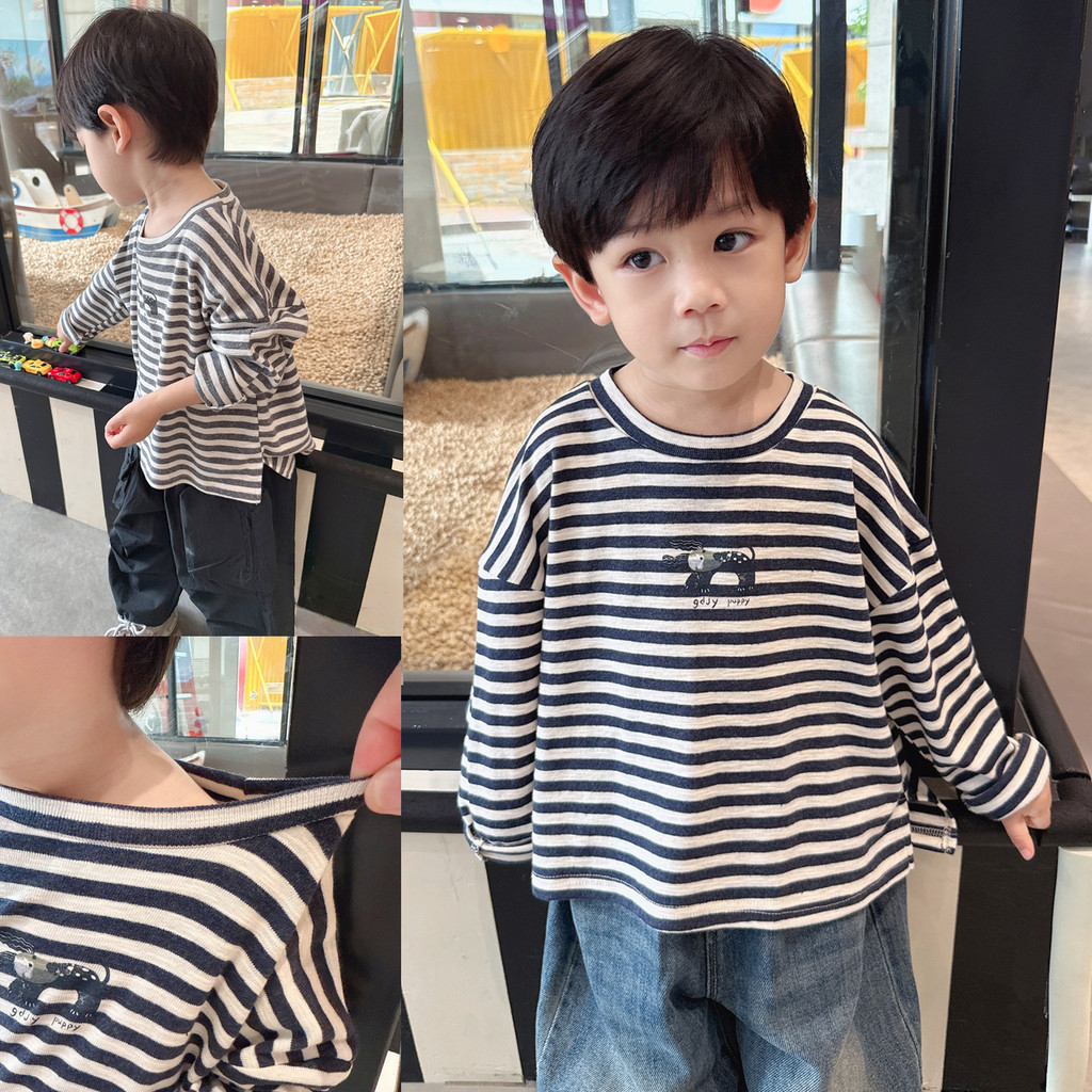 Super macio ceroso ~ meninos primavera estilo confortável elástico listrado manga comprida camiseta médio pequeno crianç