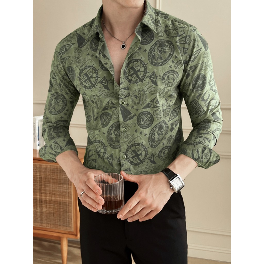 Camisa estampada estilo maduro leve masculina de manga comprida 2025 outono novo estilo na moda Slim-Fit rufião bonito C
