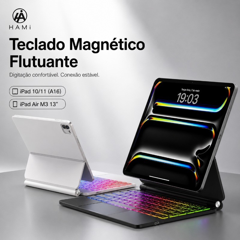 Capa Teclado Magnético iPad 10/11（ A16 ）e Air M3 13" Magic Keyboard RGB Trackpad