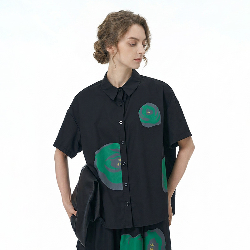 Olhos grandes [Roupas femininas estilo Yamamoto] Camisa de manga curta-2 cores verão Plus Size roupas femininas soltas m