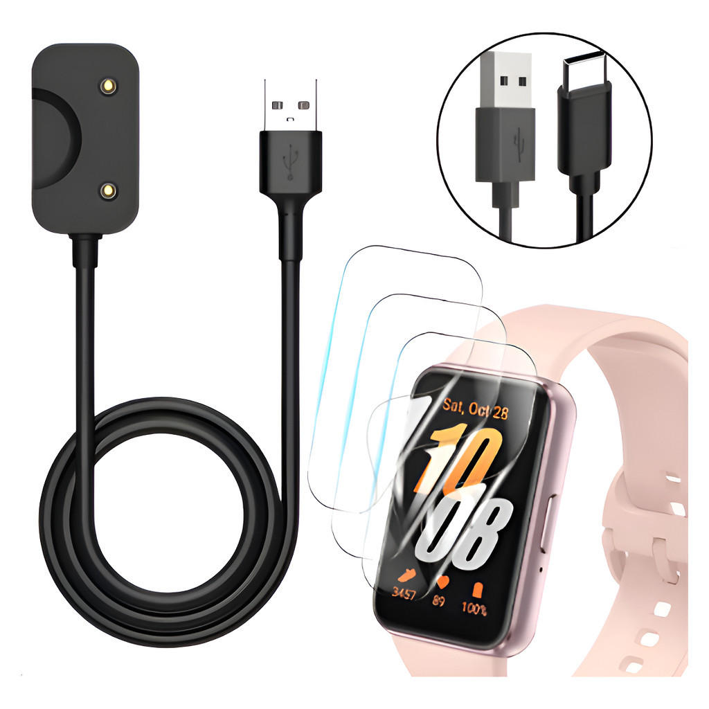 Kit Carregador Para Galaxy Fit 3 SM-R390 + 3 Películas Hidrogel HD USB ou Tipo C