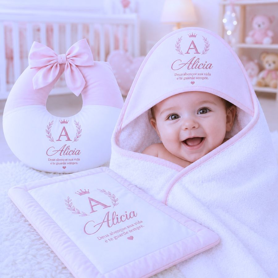 Kit Bebê Premium Personalizado c/ Nome: Almofada Amamentação + Colchonete + Toalha...