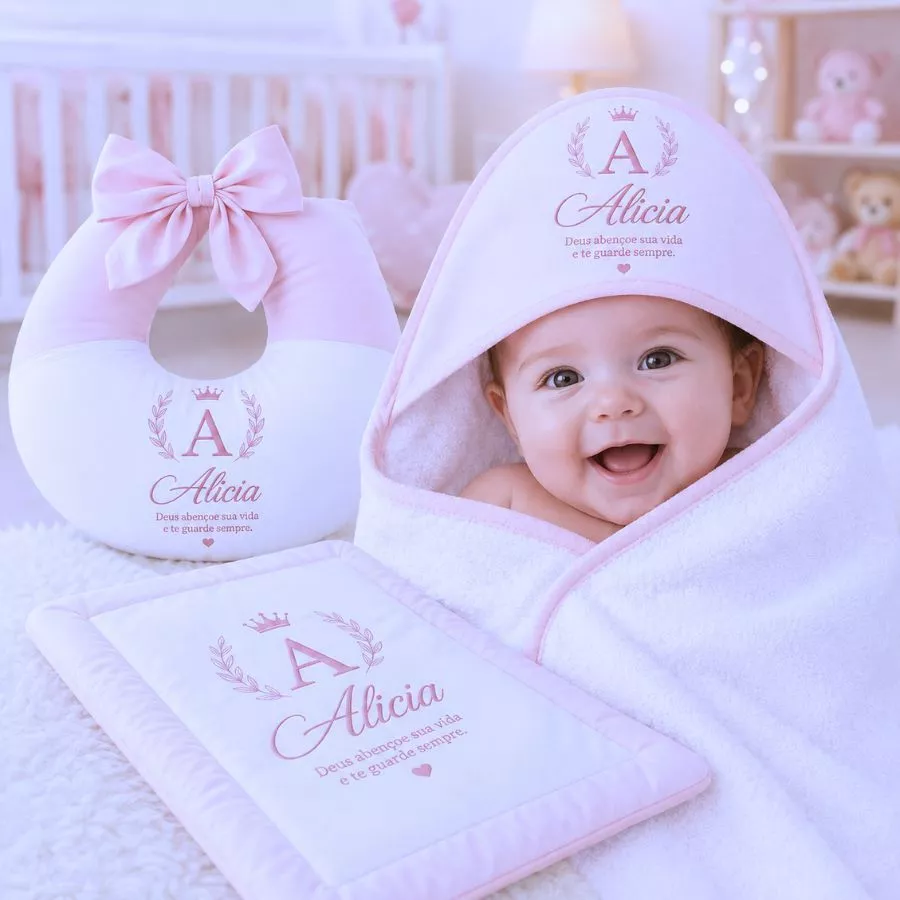 Kit Bebê Premium Personalizado c/ Nome: Almofada Amamentação + Colchonete + Toalha...