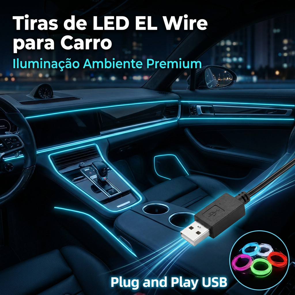 Kit Luz Ambiente LED Neon RGB 5m USB para Carro – Fita LED Decorativa com APP e Controle por Botão