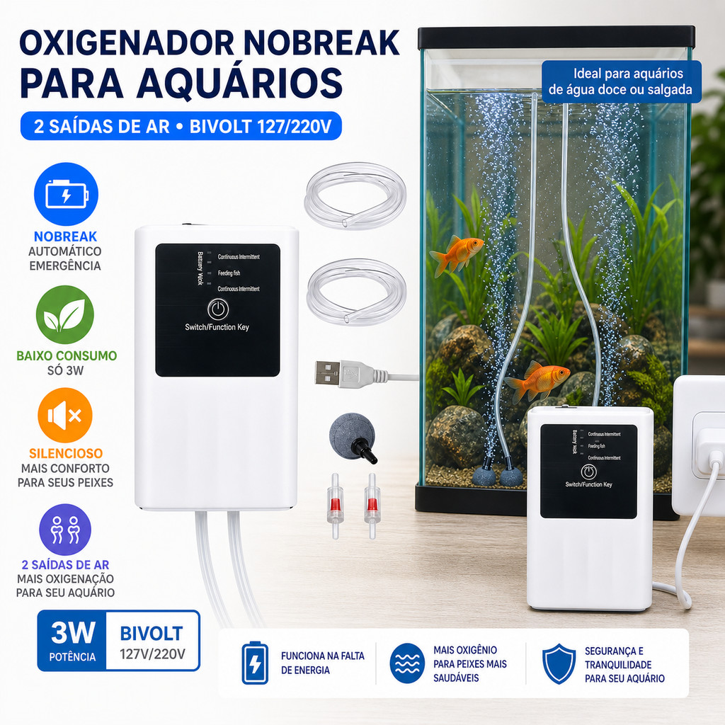Oxigenador Aquário Nobreak 2 Saídas Ar Bivolt 3W 127/220v Baixo Consumo Emergência Backup Automático