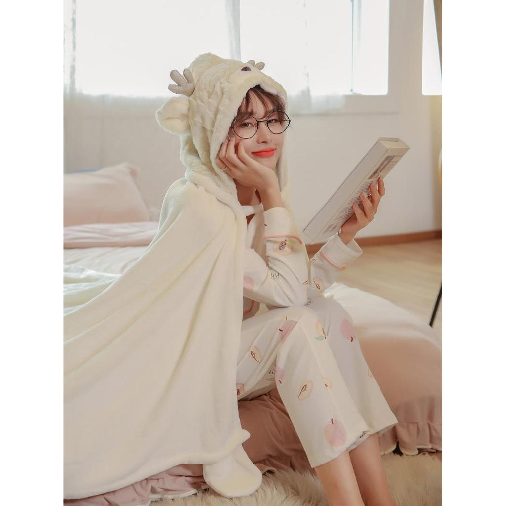 Oferta especial Manto feminino pijamas de inverno com capuz flanela cochilo cobertor camisola natal veados Coral velo xa