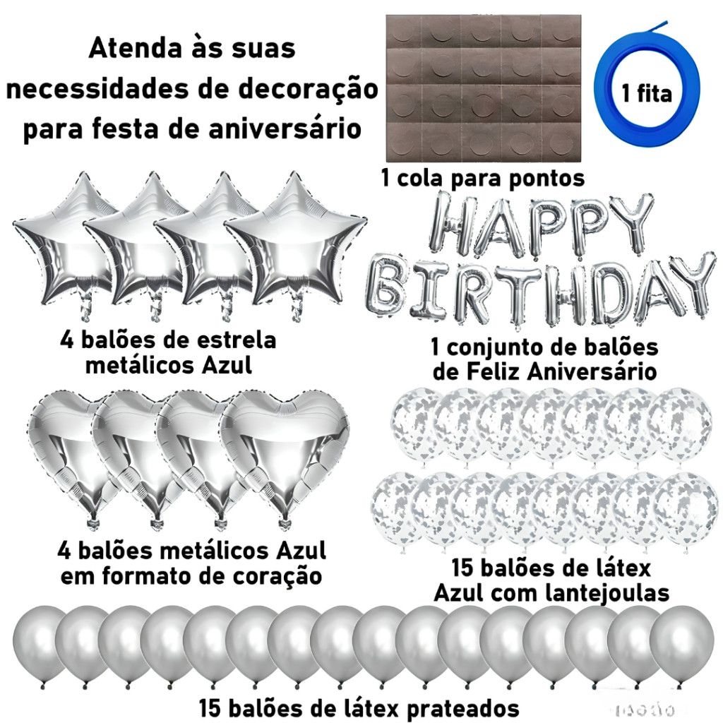 Kit 53 Balões para Aniversário Prata Feliz Aniversário Festa Decoração Coração Estrela