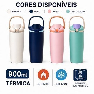 Garrafa Termica Com Alca Capacidade 900ml Portatil Cores Sortidas Excelente Isolamento
