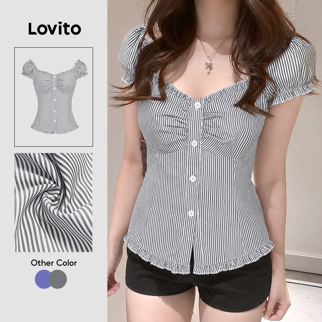 Lovito Casual Blusa Feminina Listrada Com Botões E Pregas Blusa Verão/primavera