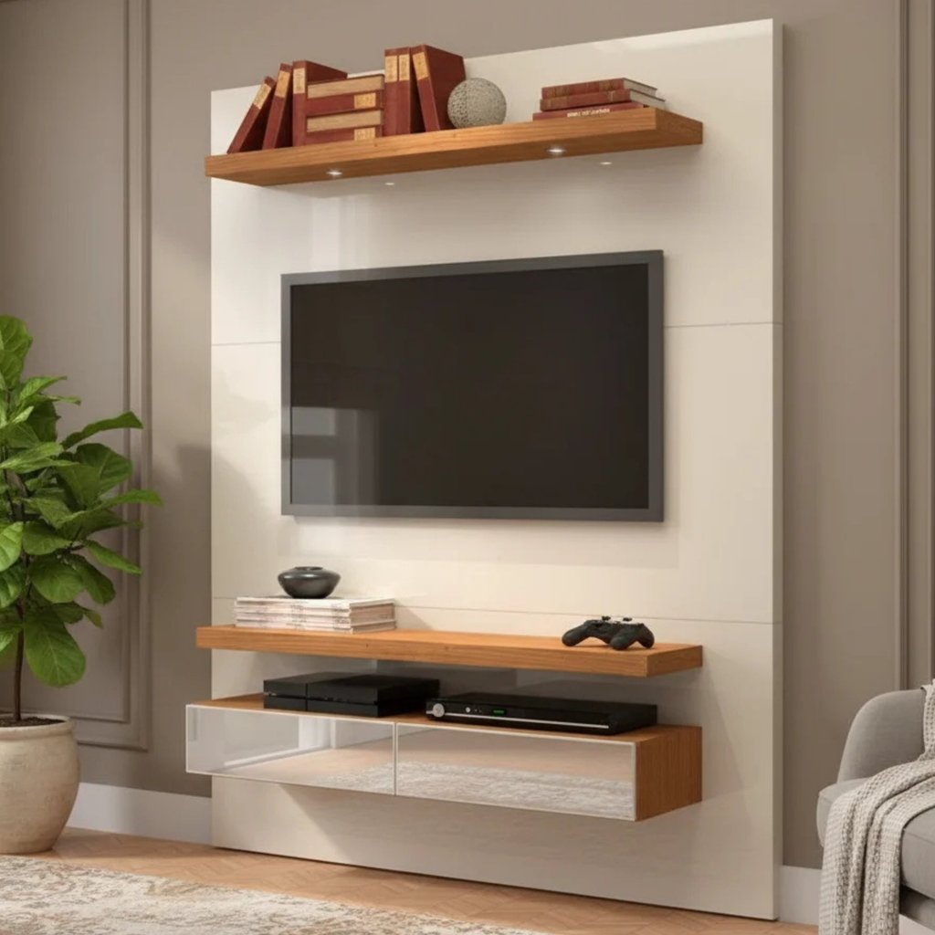 Painel para TV até 55 Polegadas 100% MDF com LED 140CMX180CM . Espelho 2 Gavetas Off White Freijó Branco