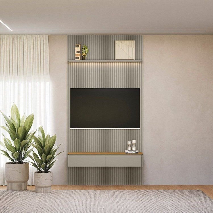 Painel Ripado para TV até 60 Polegadas com LED MDF 141CMX250CM Modular Tauari/Gris Fosco