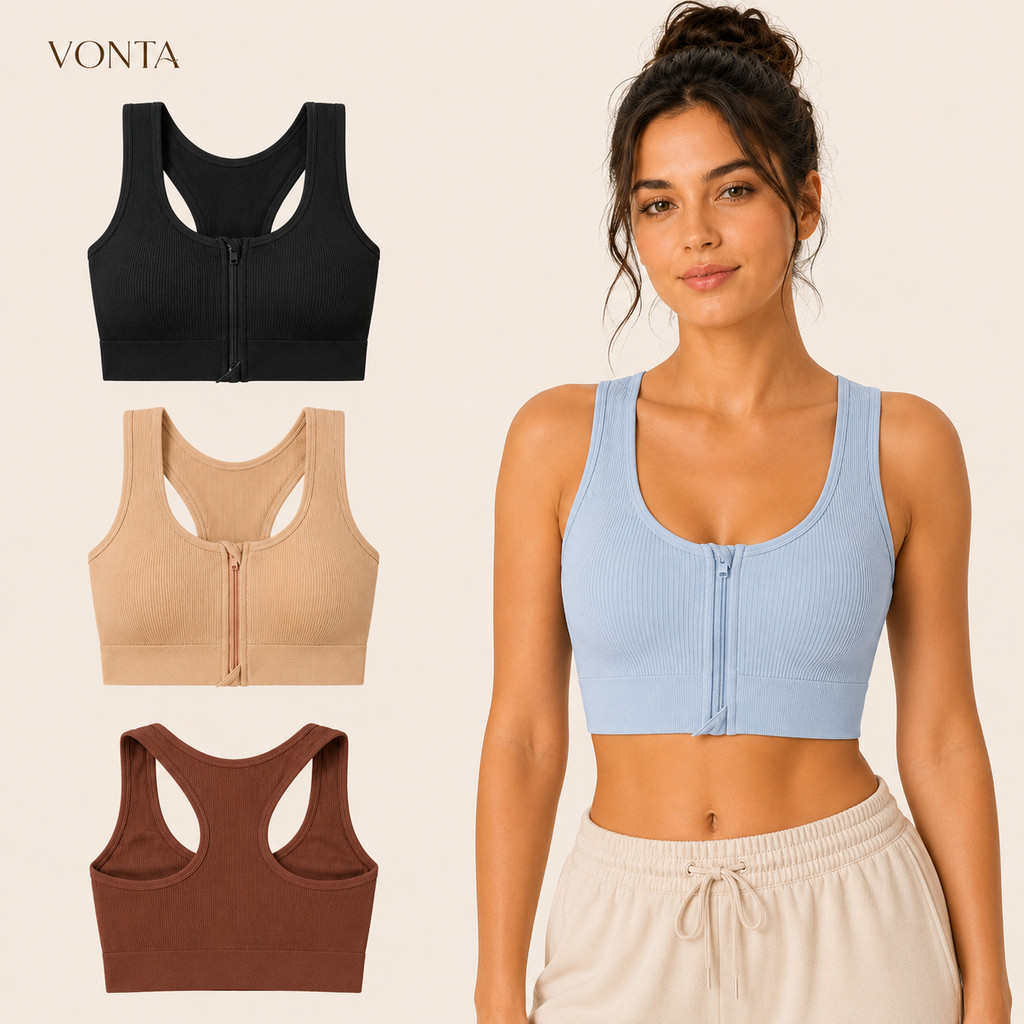 Kit2 Top Fitness Feminino com Zíper Frontal Costas Nadador para Mulheres Academia Yoga Pilates Caminhada Canelado
