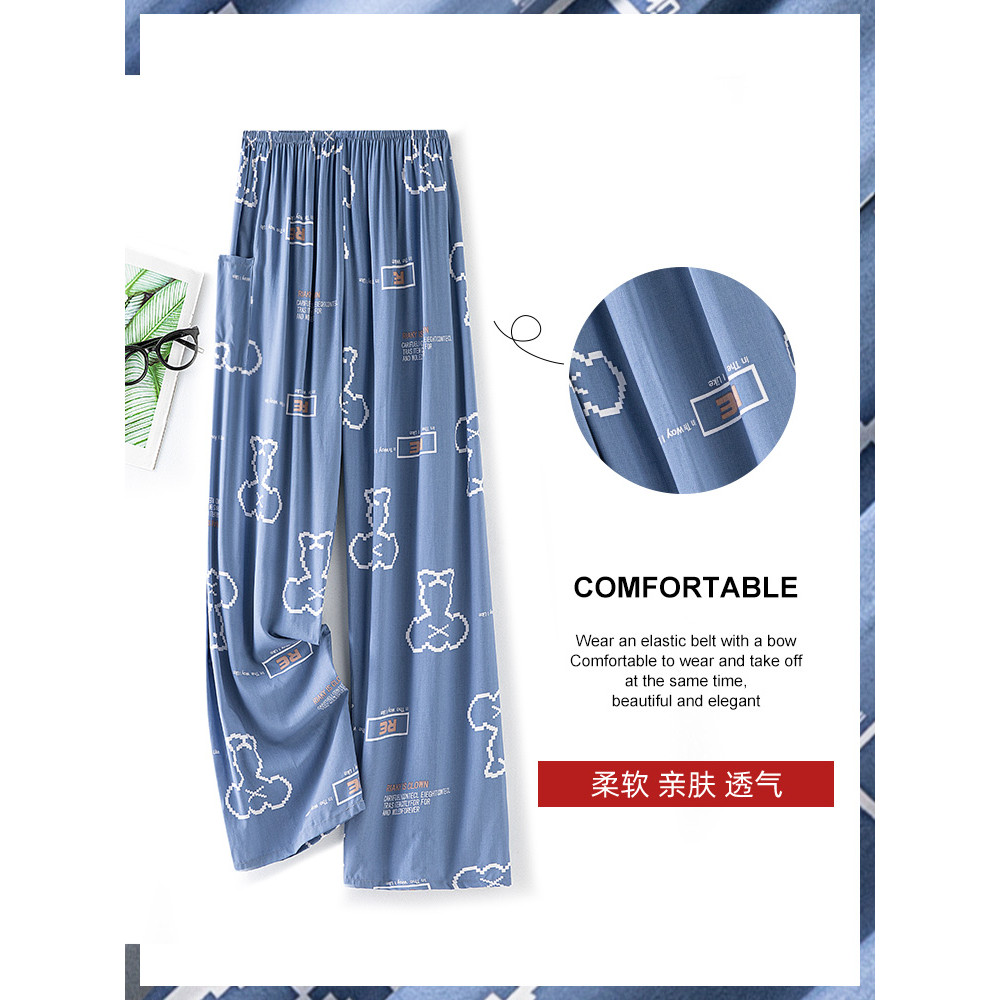 Homens algodão seda pijama calças estilo fino verão praia casa calças compridas algodão seda pijamas dos desenhos animad