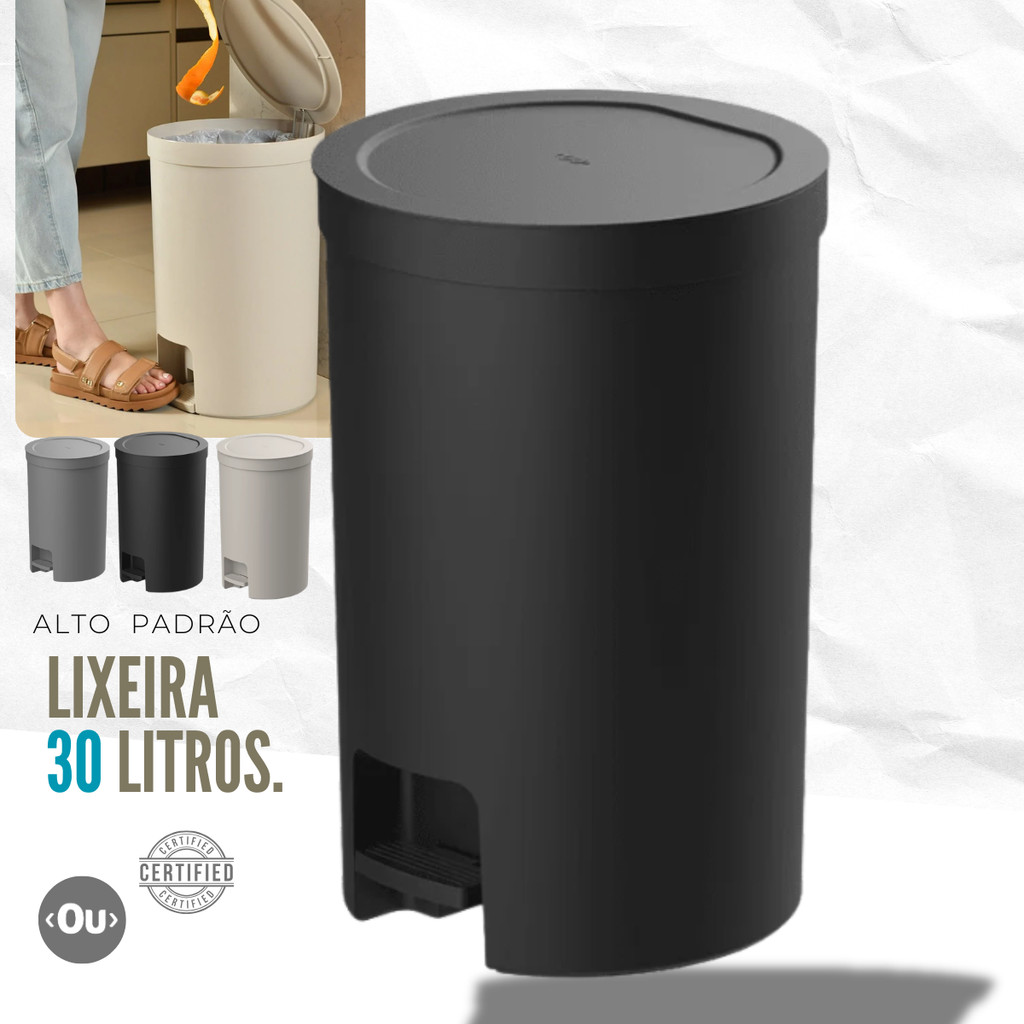 Lixeira de Pedal Trium 30L Redonda Lixo Inteligente C/Sacos invisibilizados visual Fosco Cozinha Escritorio Casa