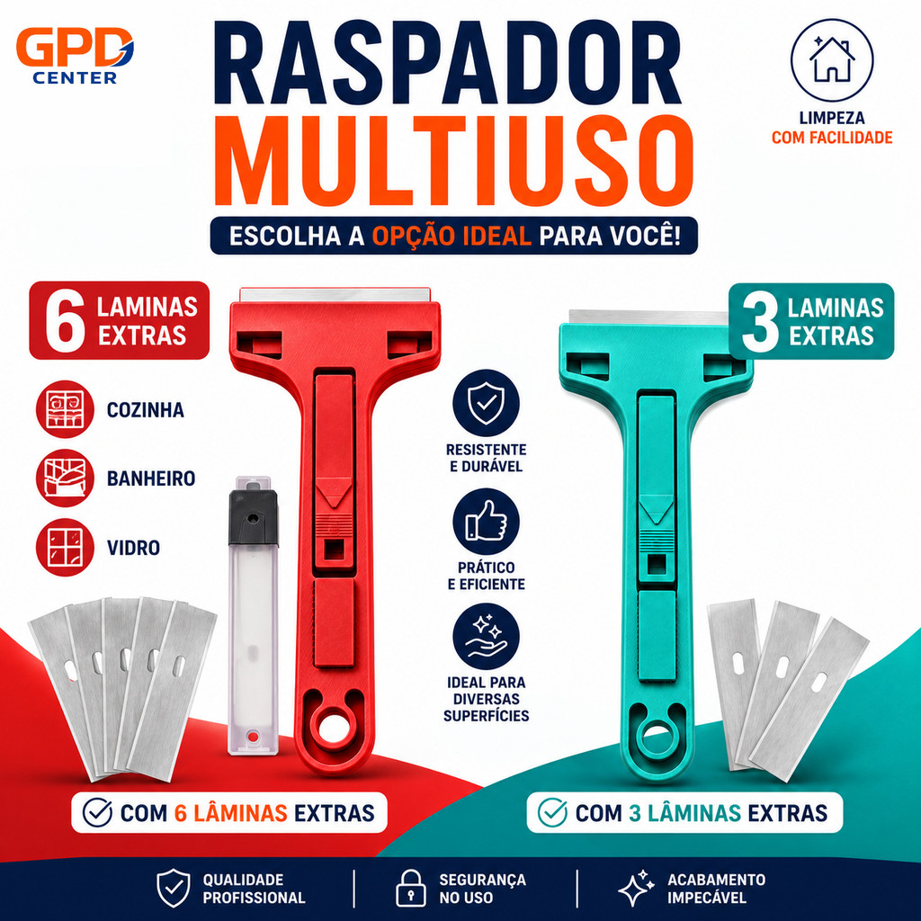 Raspador Multiuso Profissional com 3 Lâminas Extras para Box, Vidro, Piso, Cerâmica e Azulejo