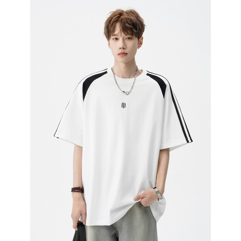 Estilo americano listrado contraste cor costura camiseta de manga curta masculina verão novo estilo Street Wear Design A