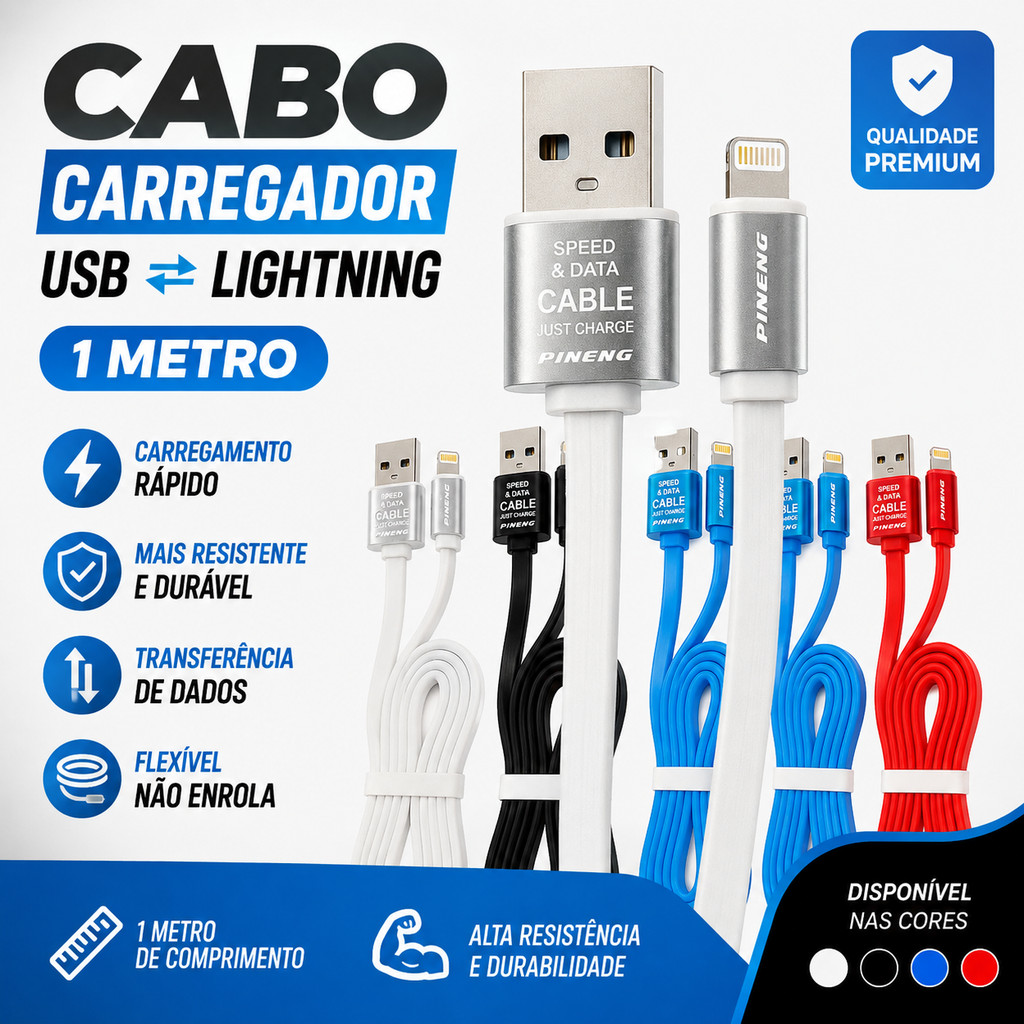 Cabo Carregador De 1 Metro USB - LightNing Flexível e Resistente