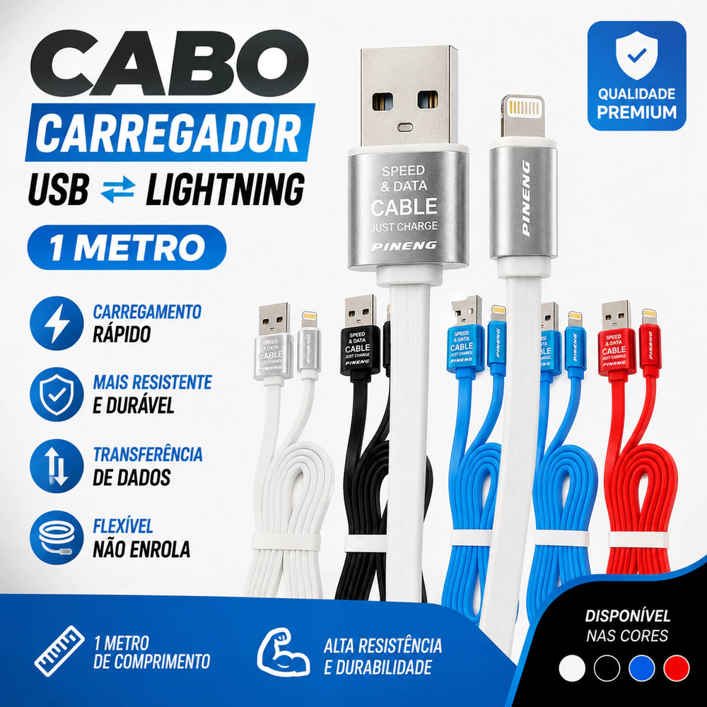 Cabo Carregador De 1 Metro USB - LightNing Flexível e Resistente