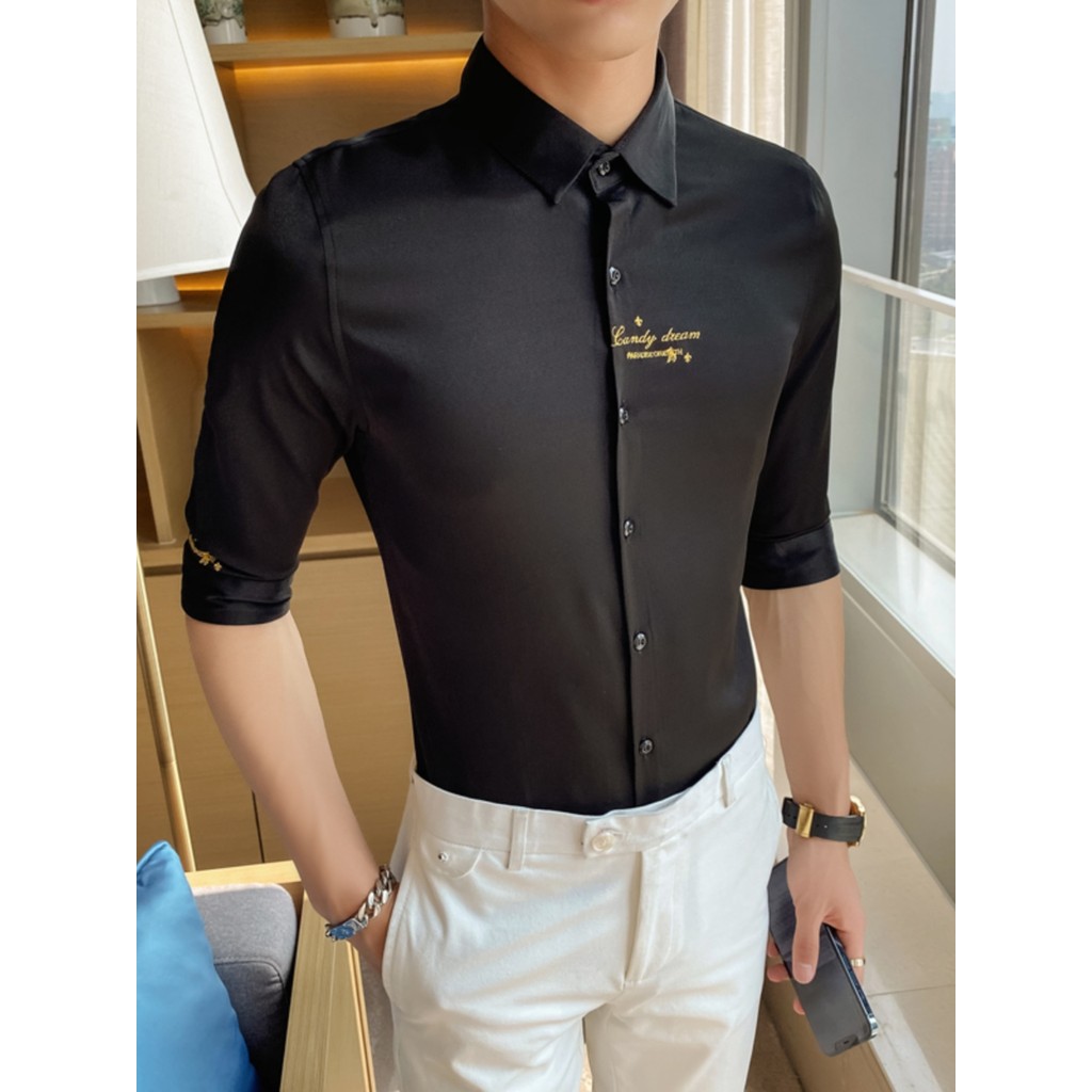 Verão bordado fino-ajuste camisa de manga média masculina na moda rufião bonito estilista de cabelo camisa de manga de t
