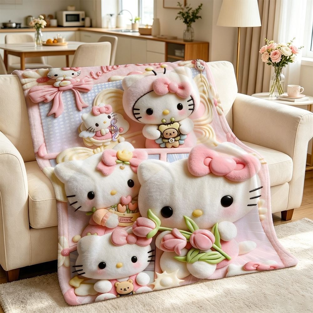 Cobertor de flanela de gatinho fofo com coração de menina 3D