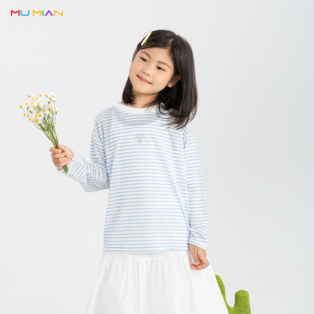 Meninas Lyocell listrado fundo listrado protetor solar blusa leve respirável manga comprida camiseta luz topo verão