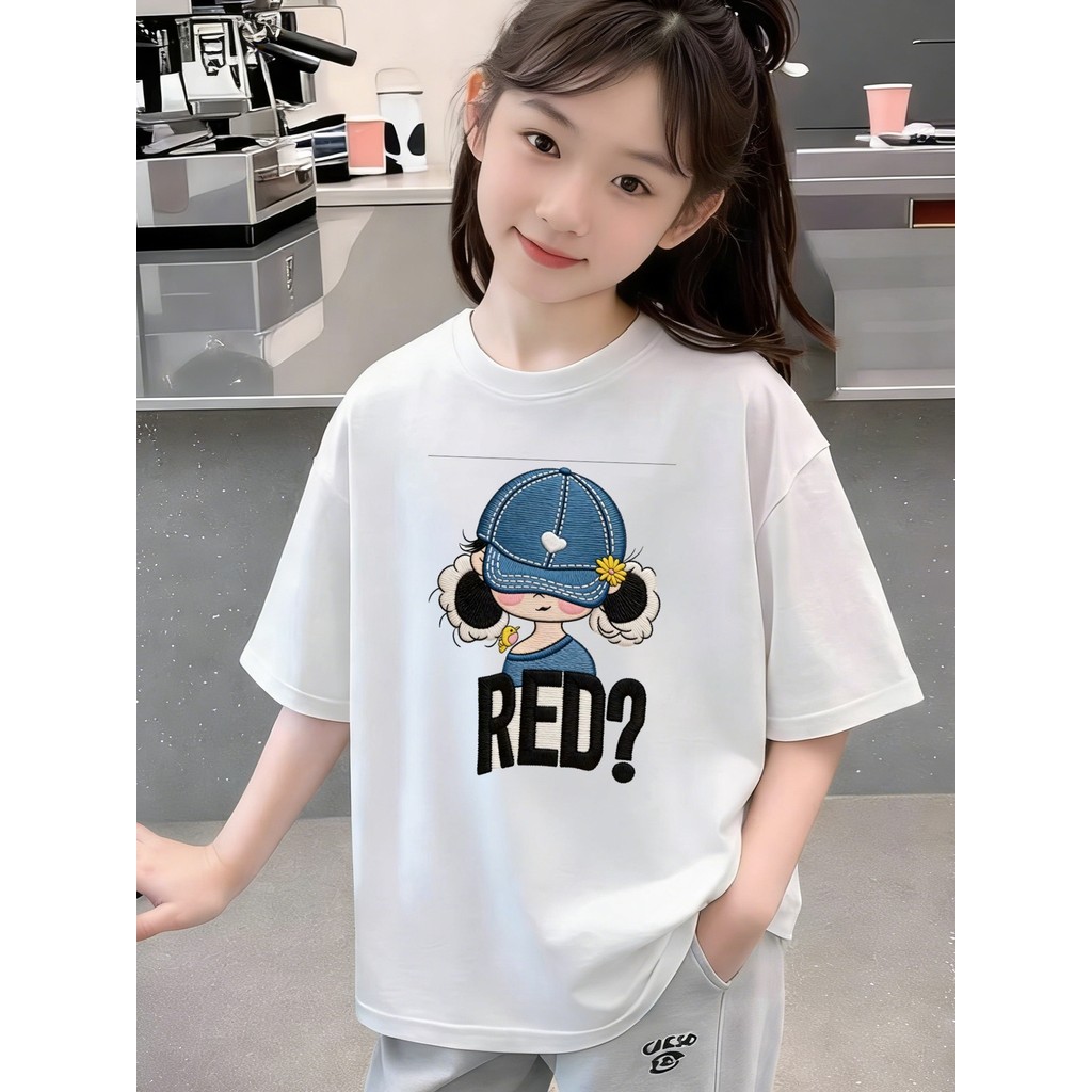 100% algodão camiseta de manga curta meninas verão 2026 novo estilo infantil imitação bordado impresso meia manga topos