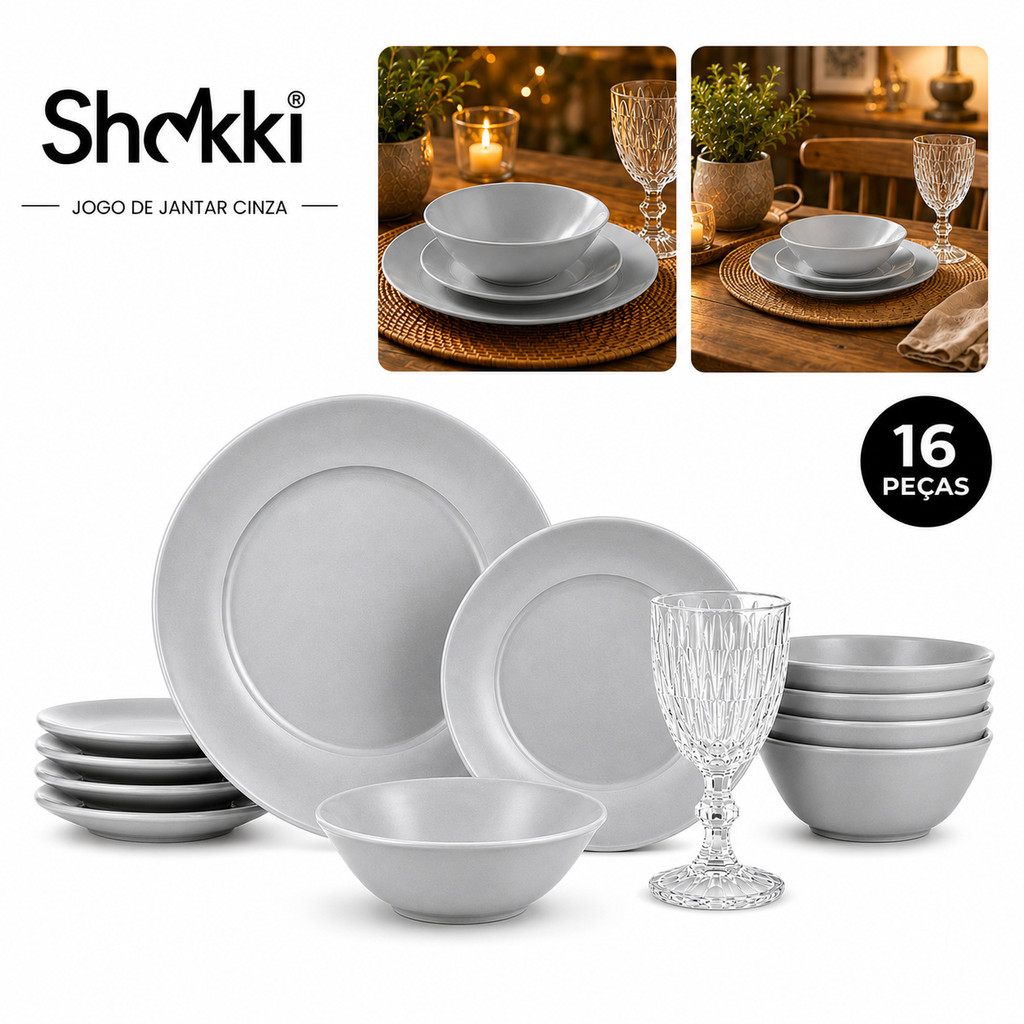 Aparelho de Jantar 16 Peças Opaline Louças 4 Pratos Rasos 4 Fundos 4 Sobremesa 4 Taças 320ml Serve 4 Pessoas Cinza Tippi