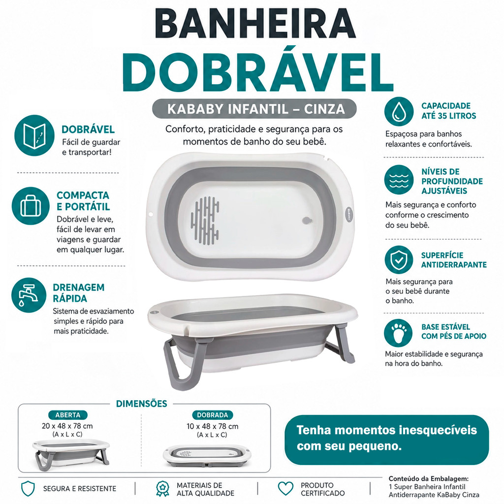 Super Banheira Infantil Dobrável 35L Antiderrapante KaBaby - Cinza
