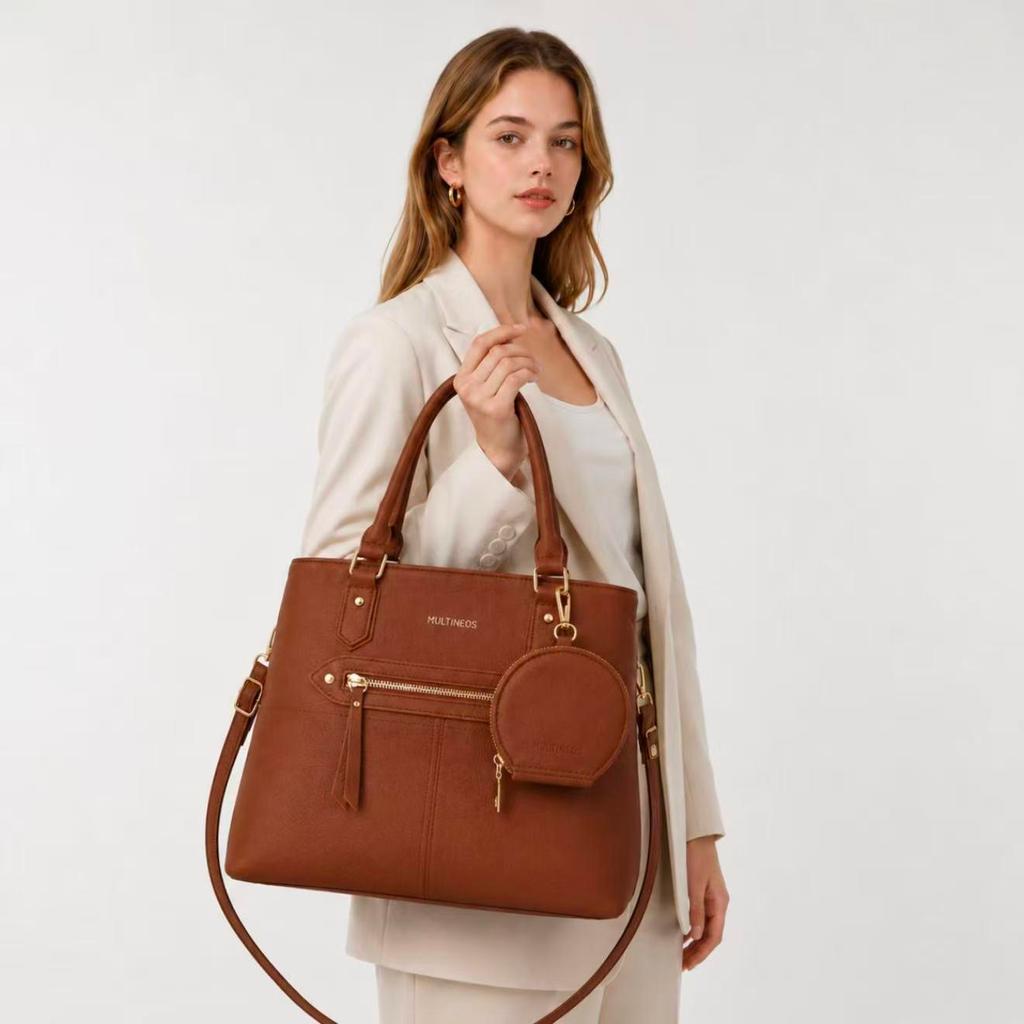Multineos Bolsa De Couro PU Com Porta Moeda De Ombro De Mão Grande Feminino Trabalho Dia Dia PU Vintage