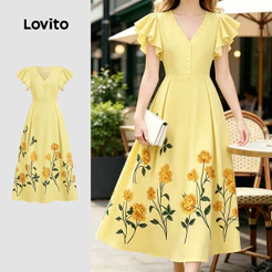 Lovito Padrão de Vestido Boho Botão Babado Primavera/verão Vestido Amarelo para mulheres L198ED3266