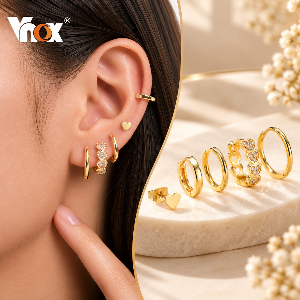 Vnox 5 Peças Conjunto De Pilha De Orelha De Coração Dourado Moderno Para Mulheres CZ Stud Hoop Ear Cuff Brincos Mistos C