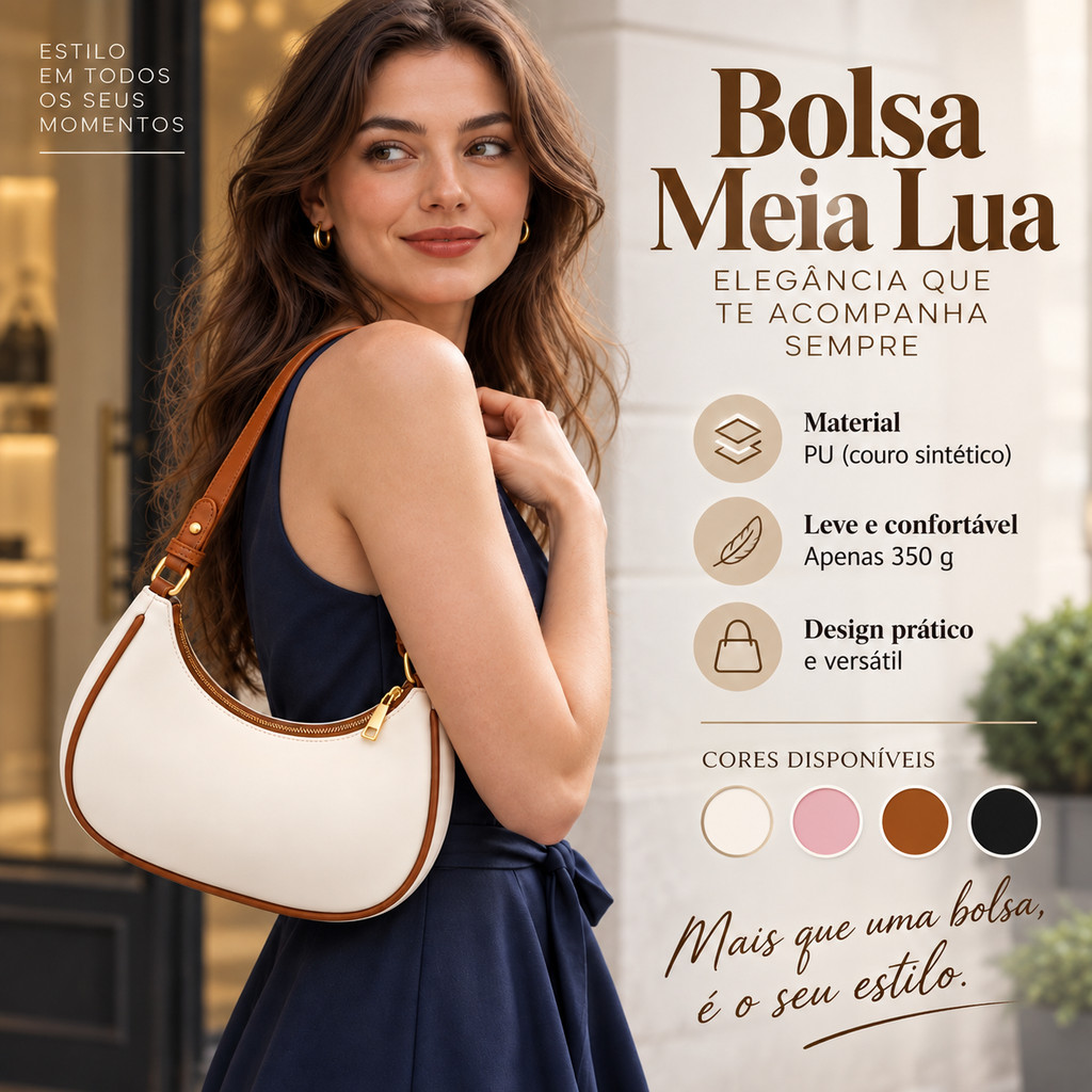 Bolsa de Ombro Feminina de Grande Capacidade, Bolsa em Forma de Meia-Lua em Material PU, Ideal para Compras e Trabalho