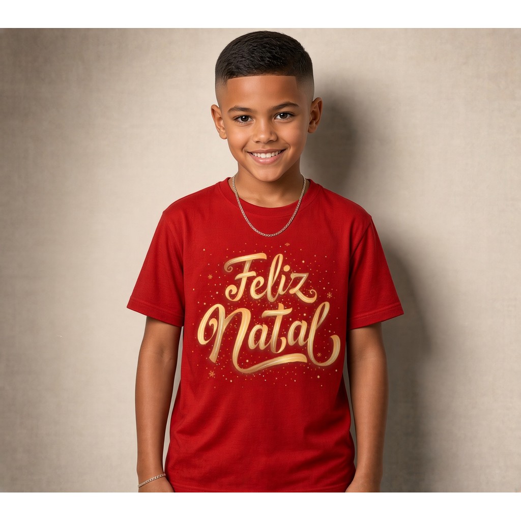 Camiseta Infantil Natal  e Juvenil Estampada Feliz Natal Dourado 100% Algodão Criança Personalizada Unissex Blusa Natal