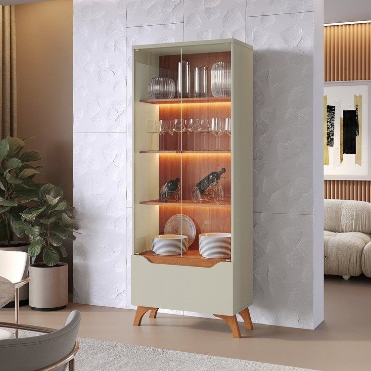 Cristaleira 2 Portas 1 Gaveta 3 Prateleiras com LED Pés em Madeira Maciça Grecia New Bege/Off Whit Off White/Naturalle