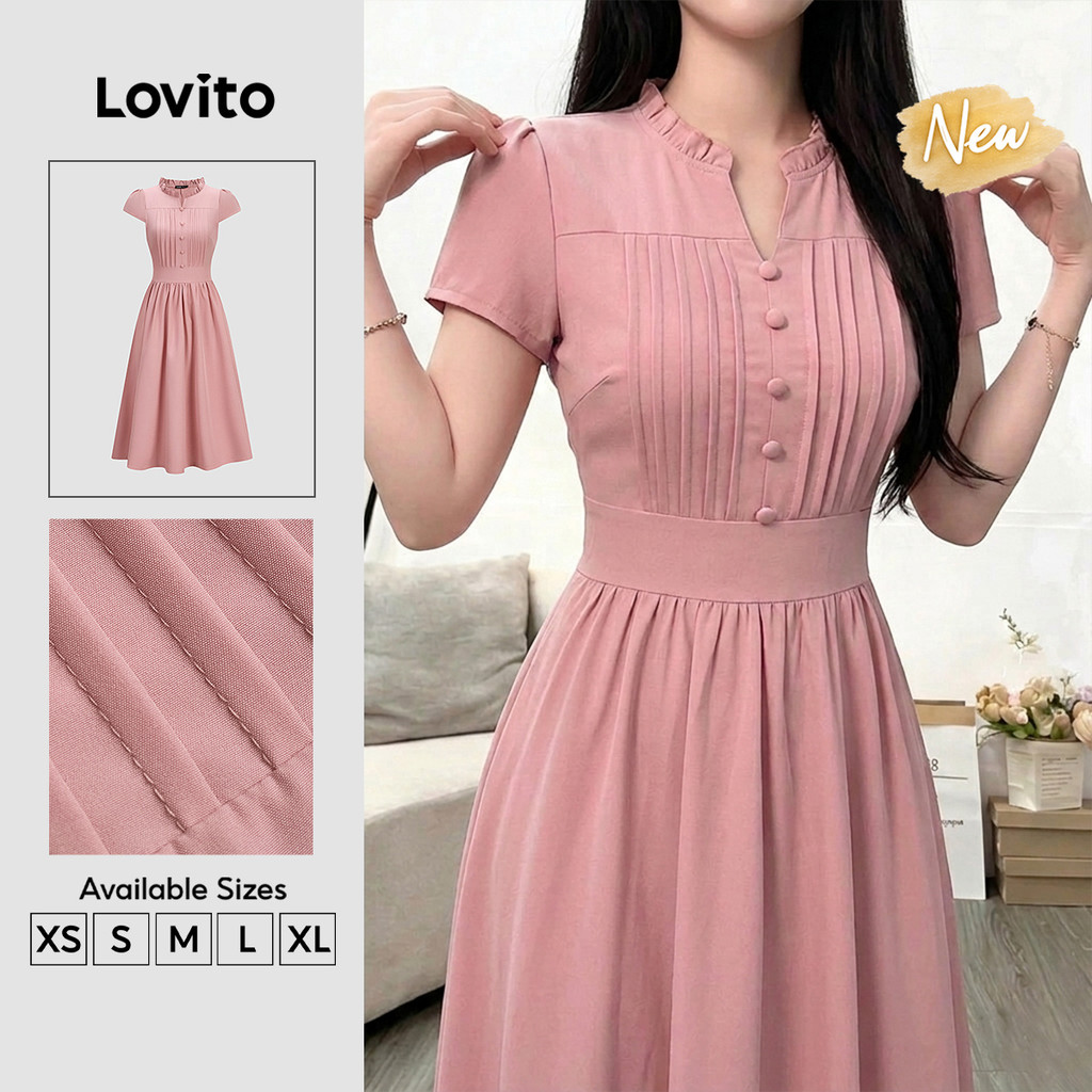 (New Arrival) Lovito Elegante Vestido Longo Evase Rosa Pregos Detalhes Estruturais Primavera Verão Trabalho Para Mulheres DRB204P1D708