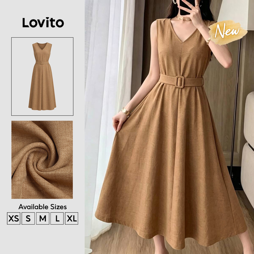 (New Arrival) Lovito Elegante Vestido Longo Evase Marrom Pregos Primavera Verão Trabalho Para Mulheres DRB204P1D713