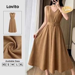 (New Arrival) Lovito Elegante Vestido Longo Evase Marrom Pregos Primavera Verão Trabalho Para Mulheres DRB204P1D713