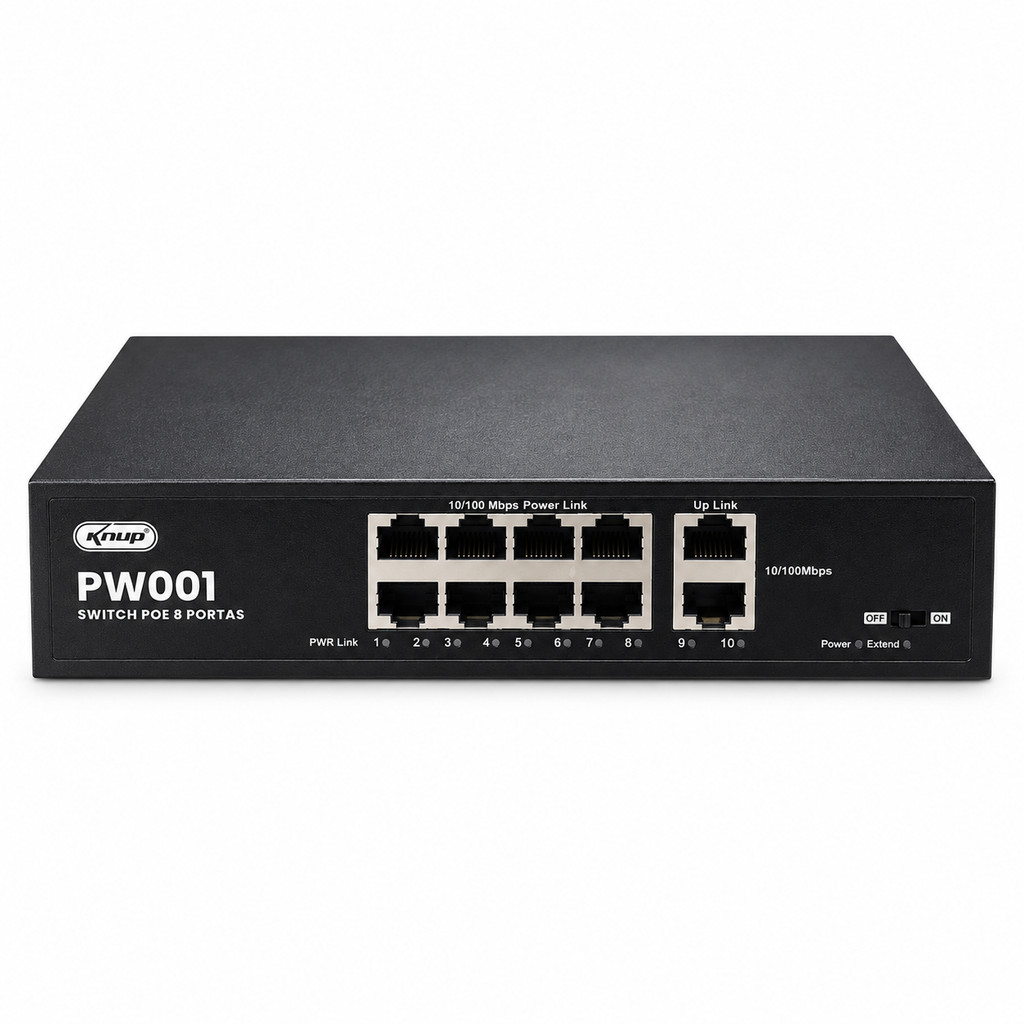 Switch PoE 8 Portas 2 Uplink 10/100Mbps para CFTV Câmeras IP Segurança Até 120W Alcance 150m RJ45 Knup KP-PW001