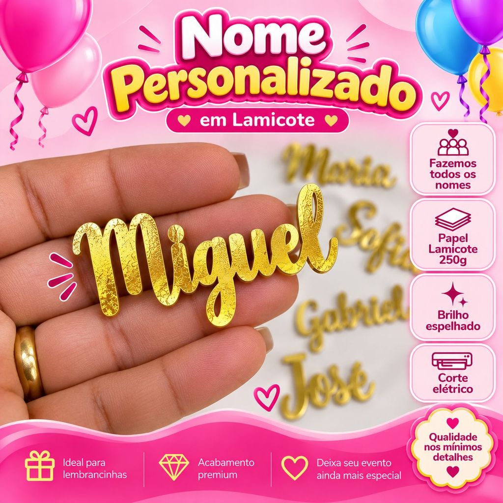 Kit Apliques nome Personalizado Dourado no Lamicote para lembrancinhas de aniversário I Kit Festa