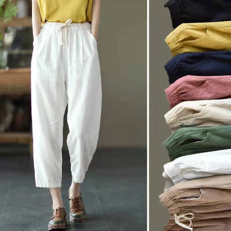Calças de algodão e linho de cor lisa para mulher, estilo vintage, corte folgado, calças tipo «harem» para uso casual, c