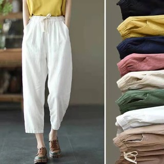 Calças de algodão e linho de cor lisa para mulher, estilo vintage, corte folgado, calças tipo «harem» para uso casual, c