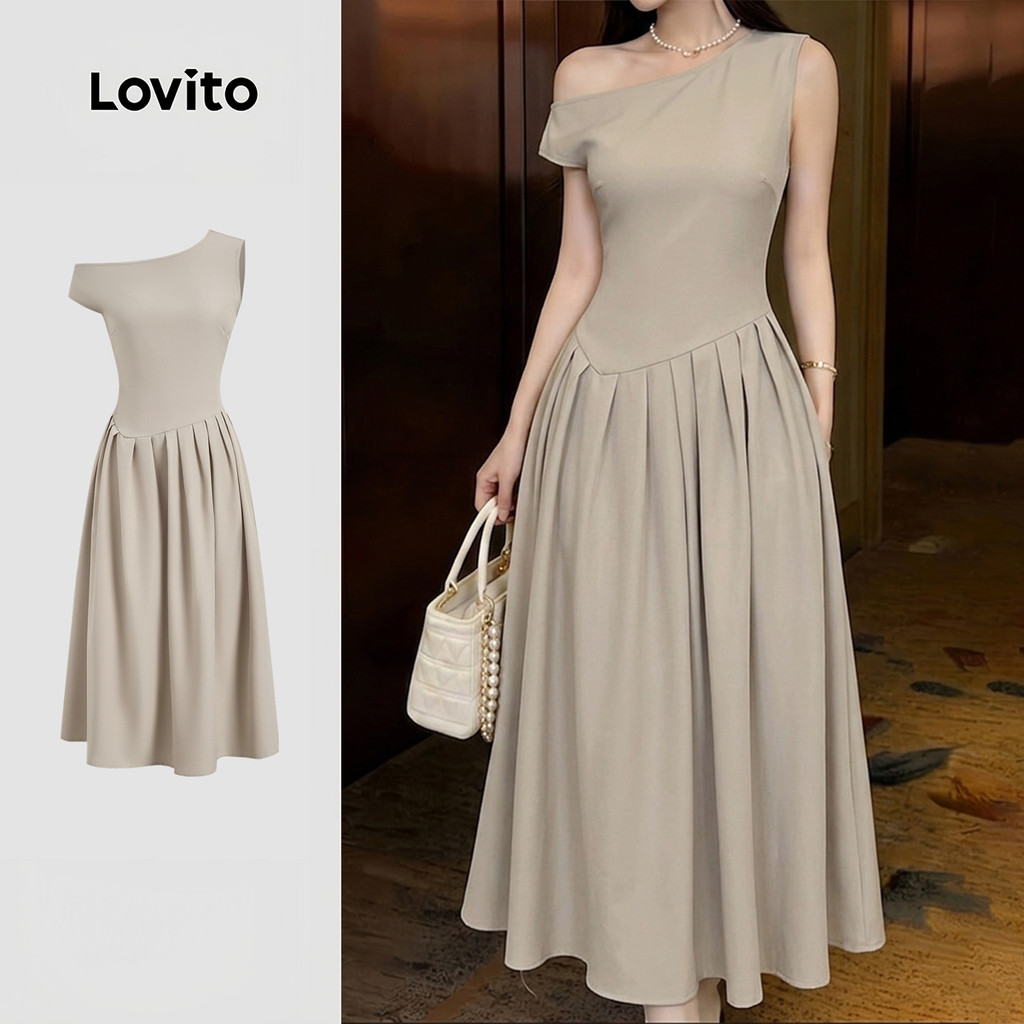 Lovito Vestido Elegante Assimétrico Plissado Cáqui Feminino L198ED424