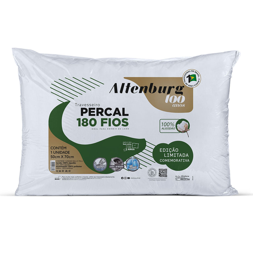 Travesseiro Altenburg 100 Anos Percal 180 Fios Branco 50x70cm