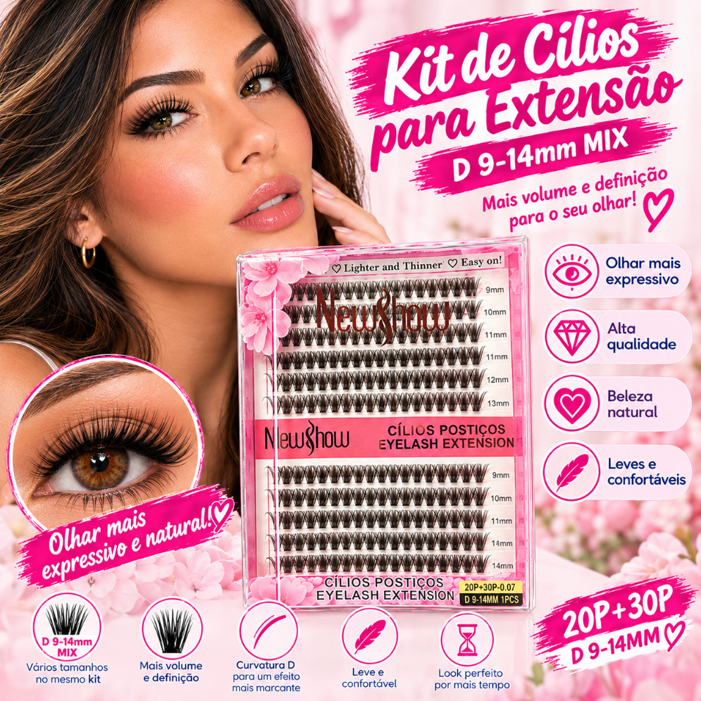 Kit Cílios Postiços D 9-14mm, Mix de Tamanhos, Efeito Volumo
