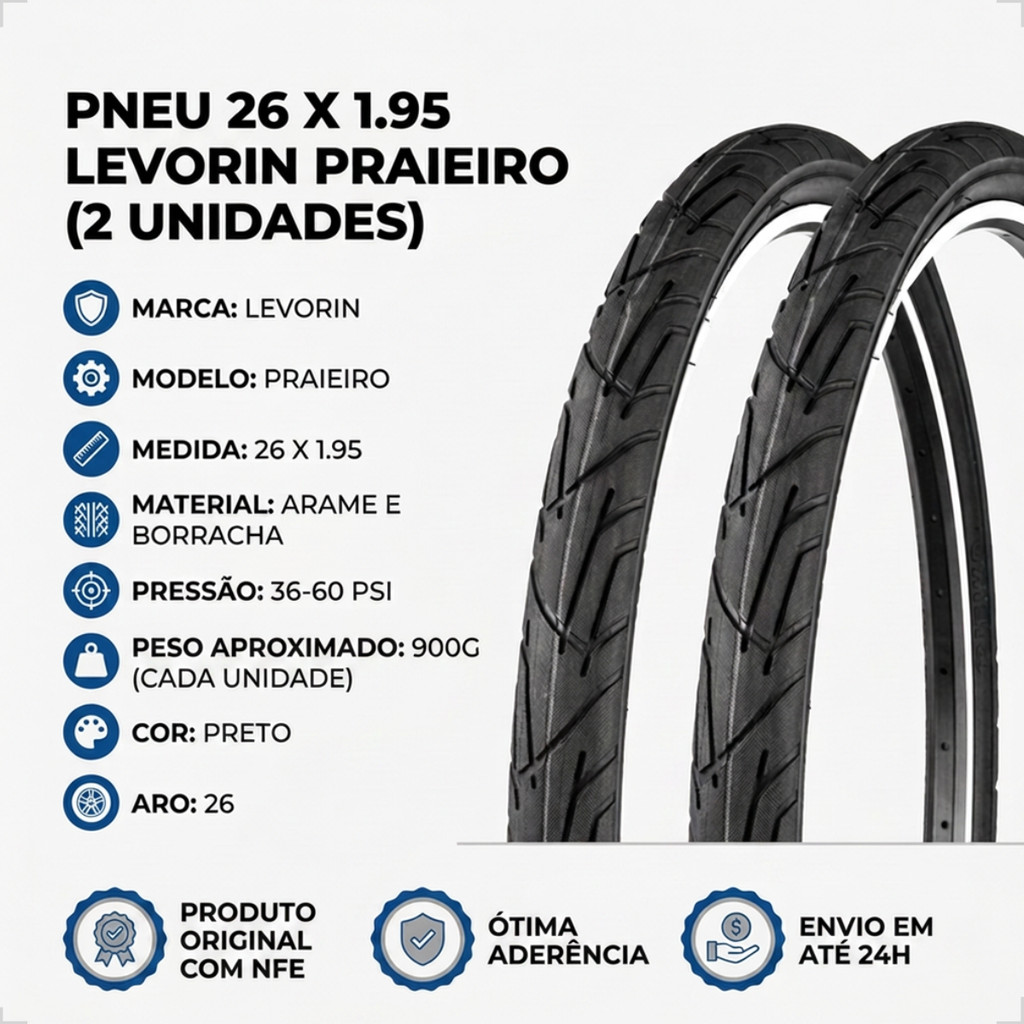 2 Pneu Bicicleta Levorin Praieiro Aro 26x1.95 balao Slick mtb asfalto