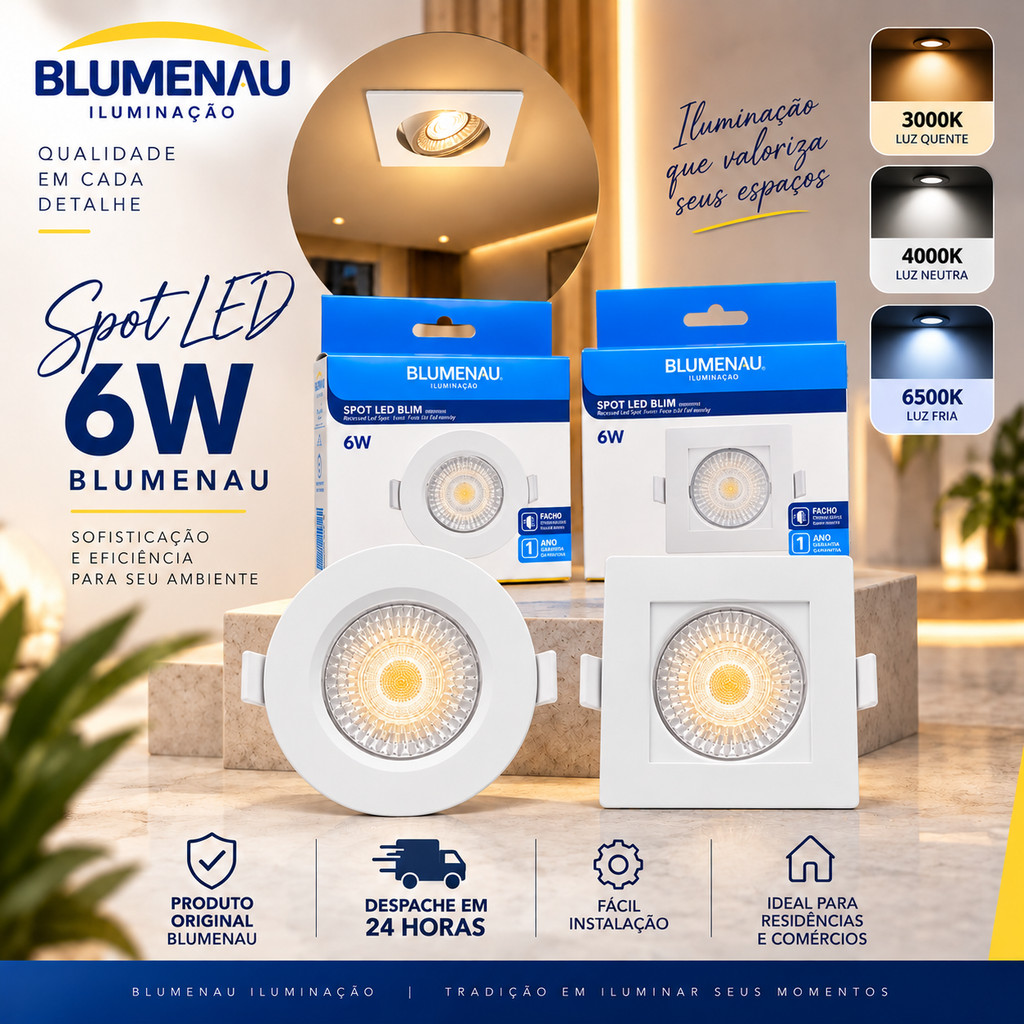 Kit 20 / 10 Spot Led Branco BLUMENAU 6W Embutir Redondo / Quadrado Teto Bivolt Blumenau gesso Dryall Sanca Iluminaçao