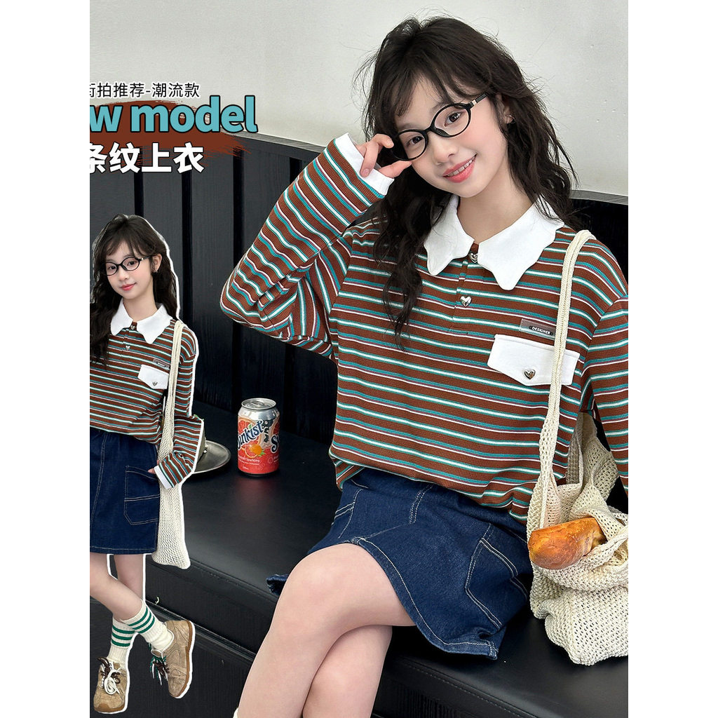 Veado branco mesmo estilo pétala colarinho listrado camiseta meninas primavera outono terno médio grande crianças gola P