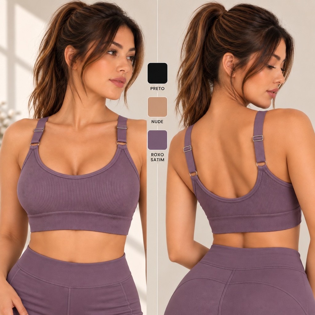 Kit Até 4 TOP Sutiã Feminino Canelado Poliamida Importado Bojo Removível Alça Removivell Regulável Alta Sustentação